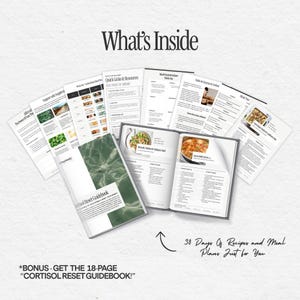 May include: A green and white guidebook titled "Cortisol Reset Guidebook" with a close-up of the pages showing recipes and meal plans. The text "30 Days Of Recipes and Meal Plans Just for You" is visible.  The text "*BONUS - GET THE 18-PAGE "CORTISOL RESET GUIDEBOOK!" is also visible.