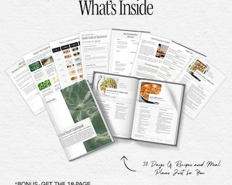 May include: A green and white guidebook titled "Cortisol Reset Guidebook" with a close-up of the pages showing recipes and meal plans. The text "30 Days Of Recipes and Meal Plans Just for You" is visible.  The text "*BONUS - GET THE 18-PAGE "CORTISOL RESET GUIDEBOOK!" is also visible.