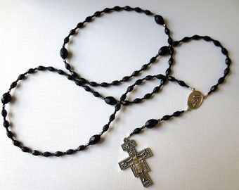 Black Franciscan Crown Rosary with Saint Francis/ Saint Anthony Center and San Damiano Cross with Peace Prayer
