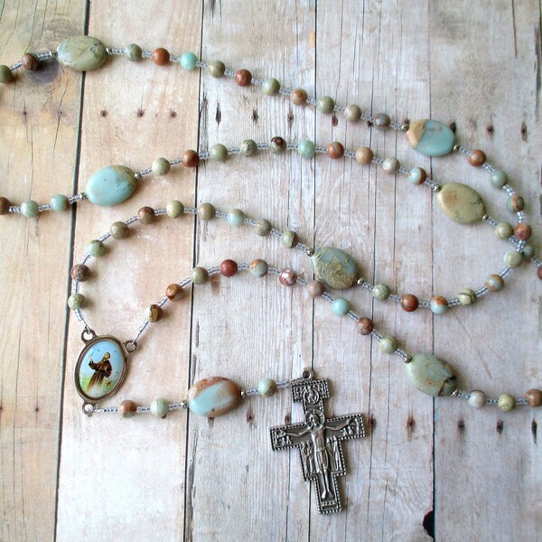 Earth tone Franciscan Crown Rosary of Aqua Terra Jasper with Saint Francis Center and San Damiano Cross, Blue and Beige Seven decade Rosary