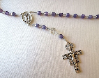 Franciscan Crown Rosary of Amethyst colored Glass with Saint Francis/ Saint Anthony Center and San Damiano Cross