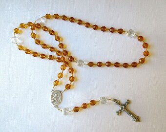 November Birthstone Rosary, Topaz Colored Glass Catholic Rosary with Scapular Medal Center