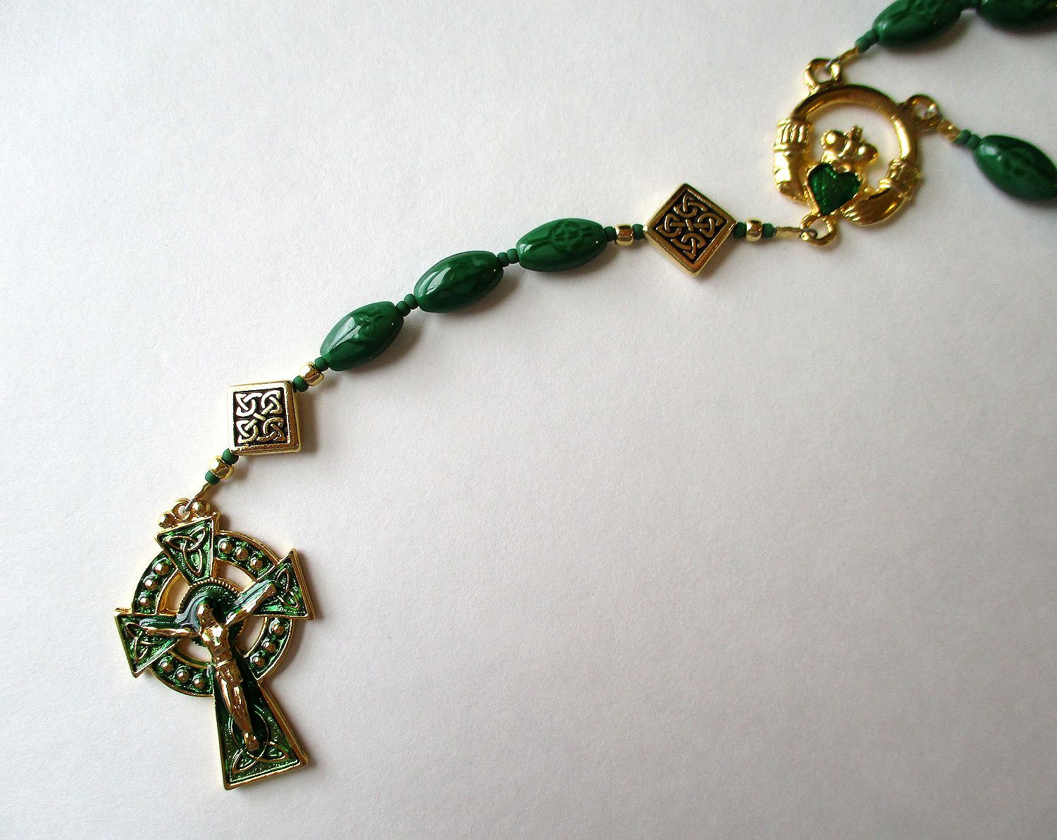 Michael medal glass rosary beads gold tone chain red green blue Crown of St