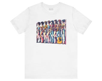 May include: White t-shirt with a colorful illustration of a group of women in a line, wearing different outfits and holding musical instruments. The illustration is in a retro style.