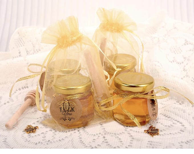 Mini Honey Jar Favors with Dipper, Bee Charm, Organza Bag Gold Ribbon | Christmas and Baby Shower Favors | 1.4 inch Merry Christmas Sticker
