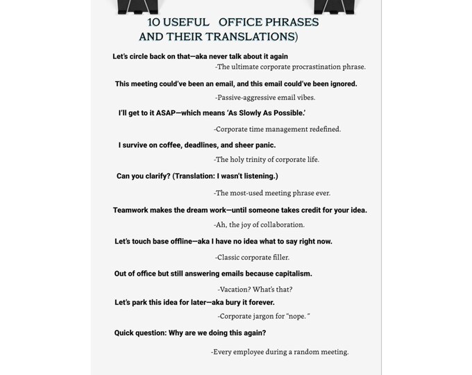 Office Phrases  Wall Art Rolled Poster - 10 Useful Office Quotes with Translations - Modern Minimalist Design