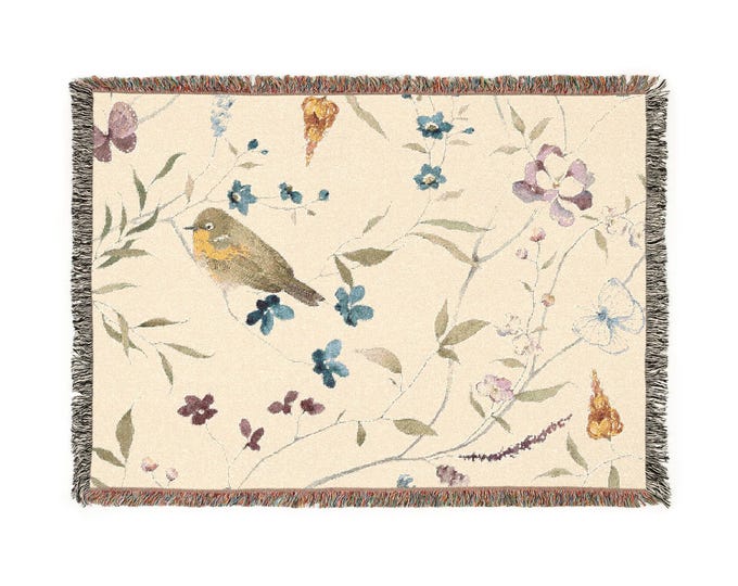 Bohemian Woven Blanket - Faded Pastel Bird & Floral Throw, Lightweight Cozy Decor, Handmade Gift, Soft Beige Black Blanket
