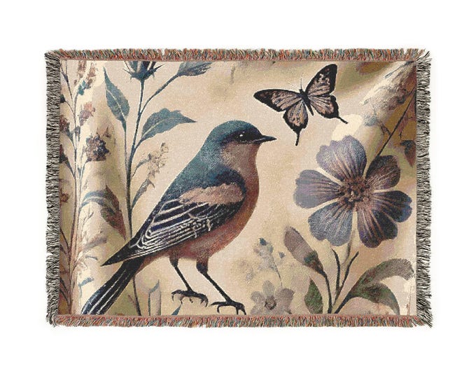 Bohemian Woven Blanket - Faded Pastel Bird & Floral Throw, Lightweight Cozy Decor, Handmade Gift, Soft Beige Black Blanket