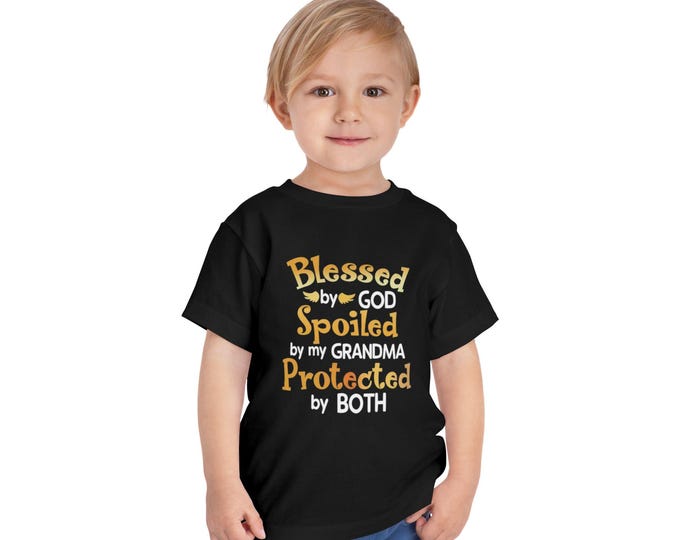 Blessed by God Spoiled by Grandma Protected by Both Toddler T Shirt Christian Baby Tee Grandparent Gift Kids Faith Shirt Cute & Funny Outfit