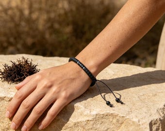 Matte Black Onyx Bracelet, Adjustable Heishi Bead Bracelet, Minimalist Mens Jewelry, Black Boho Unisex Gift
