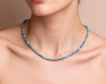 Natural Larimar Choker Necklace – Minimalist 2mm Beaded Crystal Necklace, Boho Summer Jewelry for Women, Gift for Her