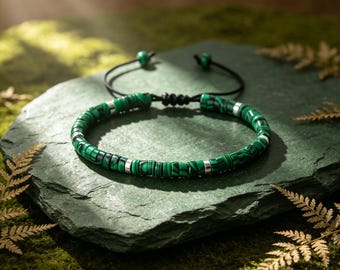 Green Malachite Style Bracelet, Adjustable Heishi Bead Bracelet, Peacock Green Bracelet,Unisex Gift
