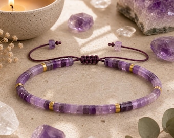 Amethyst Heishi Bracelet, Purple Crystal Bead Bracelet, Gold Accent Adjustable Boho Jewelry, Lavender Stacking Gift