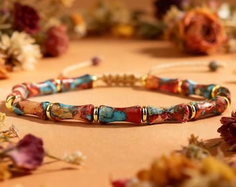 Sea Sediment Jasper Bracelet – Handmade Bamboo Bead Bracelet, Woven Adjustable Jewelry, Natural Stone Bracelet for Women & Men