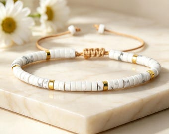 White Turquoise Bracelet, Adjustable Beaded Bracelet, Minimalist Bracelet for Women, Boho Gemstone Bracelet, White Stone Bracelet