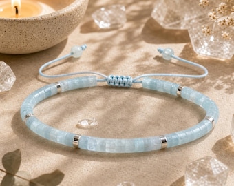 Aquamarine Bracelet, Pale Blue Crystal Bead Bracelet, Silver Accent Adjustable Boho Jewelry, Coastal Gift