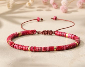 Red Jasper Heishi Bracelet, Adjustable Red Stone Bead Bracelet, Minimalist Boho Bracelet, Unisex Gift, Gold Accent Jewelry