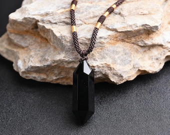 Black Obsidian Wand Pendant Necklace – Natural Gemstone Crystal Amulet, Protection Necklace, Healing Stone Gift for Her or Him