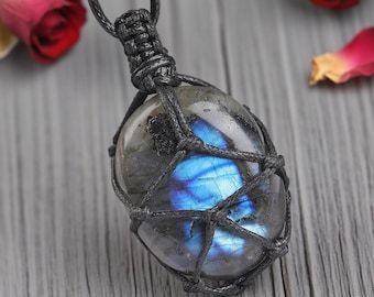 Natural AA+ Labradorite Pendant Necklace – Wire Wrapped Blue Flash Crystal Necklace, Healing Gemstone Jewelry, Gift for Him Her