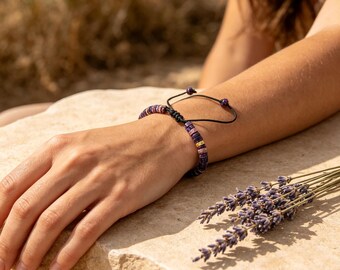 Purple Imperial Jasper Bracelet, Adjustable Heishi Bead Bracelet, Gold Accent Boho Jewelry, Unisex Gemstone Gift