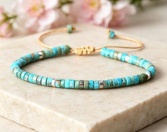 Natural Turquoise Stone Bracelet, Blue Gemstone Barrel Bracelet, Minimalist Dainty Crystal Bracelet, Gift for Her, Gift for Him