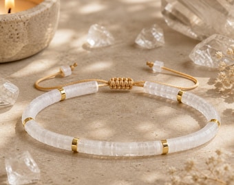 Clear Quartz Heishi Bracelet, White Crystal Bead Bracelet, Gold Accent Adjustable Boho Jewelry, Minimalist Gift for Her