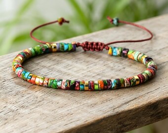 Colorful Imperial Jasper Bracelet, Adjustable Heishi Bead Bracelet, Rainbow Boho Jewelry, Gold Accent Unisex Gift