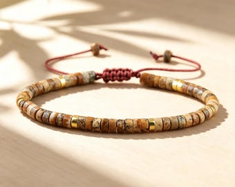 Picture Jasper Bracelet, Natural Jasper Beaded Bracelet, Adjustable Brown Gemstone Bracelet, Boho Men's Bracelet, Earthy Jewelry Gift