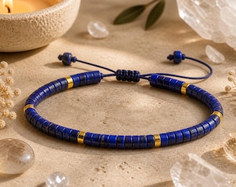 Lapis Lazuli Heishi Bracelet, Deep Blue Bead Bracelet, Gold Accent Adjustable Boho Jewelry, Minimalist Stacking Gift