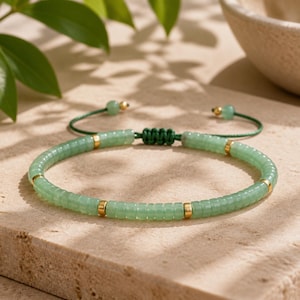 Green Aventurine Bracelet, Mint Green Heishi Bead Bracelet, Adjustable Crystal Bracelet, Gold Accent Boho Stacking Gift