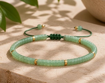 Green Aventurine Bracelet, Mint Green Heishi Bead Bracelet, Adjustable Crystal Bracelet, Gold Accent Boho Stacking Gift