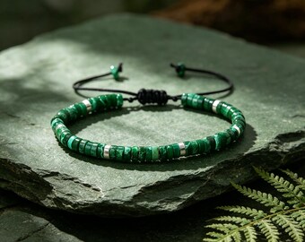 Green Imperial Jasper Bracelet, Adjustable Heishi Bead Bracelet, Silver Accent Boho Jewelry, Unisex Gift for Him or Her