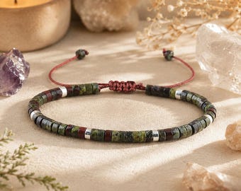 Dragon Blood Jasper Bracelet, Earthy Green Red Heishi Bead Bracelet, Adjustable Boho Stacking Jewelry, Unisex Gift