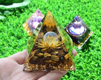 Healing Crystals Pyramid for Positive Energy with Tiger's Eye Stones and Luck White Crystal  Promotes Wealth, Prosperity, attracts Success
