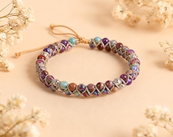 Natural Sea Sediment Jasper Bracelet – Purple Jasper Braided Bracelet, Handmade Gemstone Healing Jewelry, Gift for Her & Him