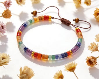 7 Chakra Stone Bracelet, Rainbow Natural Gemstone Crystal Bracelet, Handmade Woven Healing Reiki Energy Bracelet, Yoga Meditation Gift