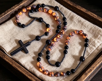 UV Reactive Rosary Necklace, Natural Obsidian Yooperlite Prayer Beads, Hematite Cross Pendant, Protection Crystal Jewelry Gift