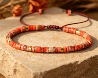Orange Imperial Jasper Bracelet, Adjustable Heishi Bead Bracelet, Boho Gemstone Jewelry, Gold Accent Unisex Gift