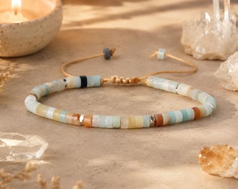 Amazonite Heishi Bracelet, Aqua Stone Bead Bracelet, Adjustable Coastal Boho Jewelry, Minimalist Stacking Bracelet Gift for Her