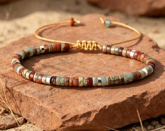 Shoushan Stone Bracelet, Adjustable Earth Tone Heishi Bead Bracelet, Silver Accent Boho Jewelry, Unisex Gift