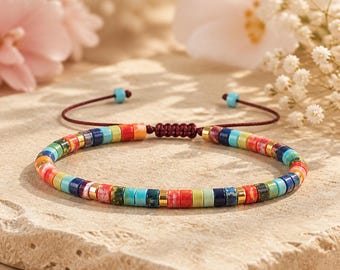 Rainbow Gemstone Heishi Bracelet, Adjustable Boho Beaded Bracelet, Colorful Natural Stone Bracelet, Stackable Friendship Jewelry Gift