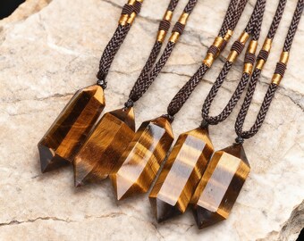 Tiger Eye Necklace Citrine Necklace Natural Gemstone Wand Pendant, Protection Crystal Jewelry, Healing Stone Amulet, Gift for Him or Her