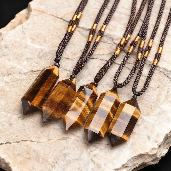 Tiger Eye Necklace Citrine Necklace Natural Gemstone Wand Pendant, Protection Crystal Jewelry, Healing Stone Amulet, Gift for Him or Her