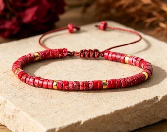 Red Jasper Bracelet, Natural Red Jasper Beaded Bracelet, Adjustable Gemstone Bracelet, Boho Heishi Bracelet, Unisex Jewelry Gift