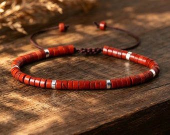 Red Stone Heishi Bracelet, Adjustable Beaded Bracelet with Silver Accents, Minimalist Boho Bracelet, Unisex Gift for Him or Her