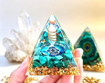 Malachite Orgonite Pyramid with Hamsa Hand | Protection Crystal Pyramid | Reiki Meditation Decor | Witchy Altar Gift | Energy Healing Decor