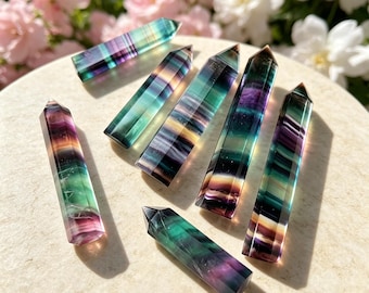 Natural Rainbow Fluorite Tower Crystal Point, Colorful Striped Fluorite Obelisk, Healing Crystal for Meditation, Crystal Decor Gift