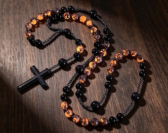 Obsidian Yooperlite Rosary Necklace, Catholic Prayer Beads with Hematite Cross, UV Glow Protection Necklace Gift for Him Her