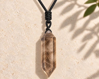 Smoky Quartz Pendant Necklace, Double Point Gemstone, Adjustable Black Cord, Minimalist Boho Jewelry