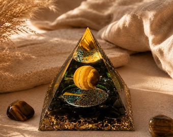 Tiger Eye Orgone Pyramid, Tree of Life Crystal Pyramid, Spiritual Meditation Decor, Reiki Altar Gift, Protection Desk Ornament